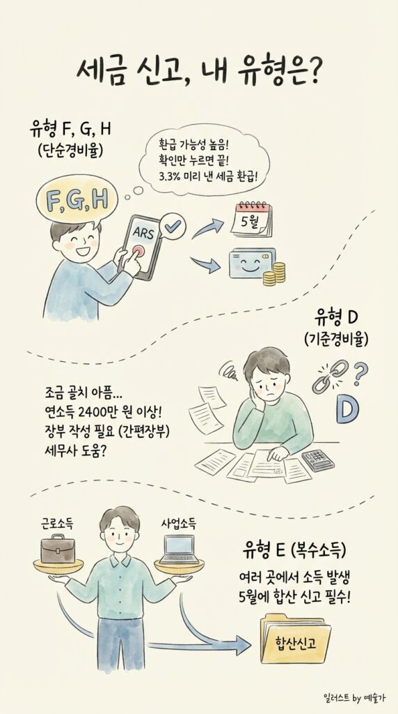 종합소득세 신고방법 및 기간: 프리랜서 D유형 E유형 홈택스 셀프신고 가이드 4 Lets start with 202601221644