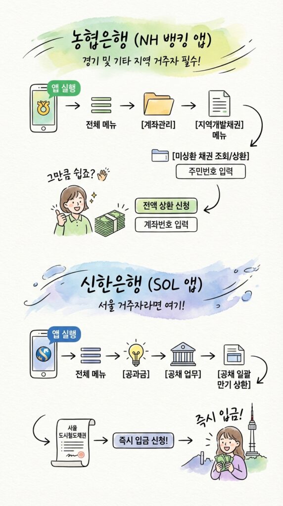 농협은행 (NH뱅킹 앱) - 경기·지방에 계신 분들 필독!
앱 실행 → 전체 메뉴 → [계좌관리] 클릭

거기서 [지역개발채권] 메뉴를 찾아요.

[미상환채권조회/상환] 탭에서 주민번호 입력하면 끝!

내역 뜨면 ‘전액상환신청’ 누르고 내 계좌 입력하면 끝! 진짜 쉽죠? 🙌

신한은행 (SOL 앱) - 서울시민이라면 여기!
전체 메뉴에서 [공과금] 찾아 들어가세요.

[공채업무] → [공채포괄만기상환] 메뉴 순서로 클릭!

서울시 도시철도채권 내역이 뜨면 바로 입금 신청 고고!