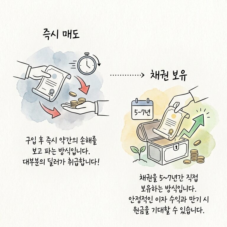 즉시 매도: 사자마자 살짝 손해 보고 바로 처분하는 방법이에요. 대부분 딜러분이 이렇게 처리해주죠!

채권 보유: 내가 직접 채권을 5년에서 7년 정도 갖고 있는 방법이에요.