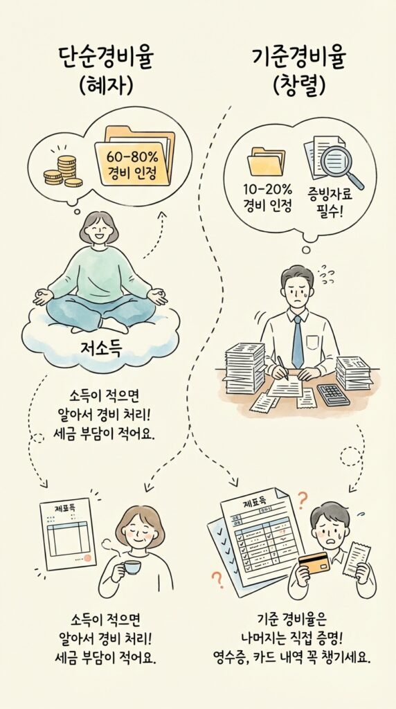 종합소득세 신고방법 및 기간: 프리랜서 D유형 E유형 홈택스 셀프신고 가이드 5 단순경비율 vs 기준경비율