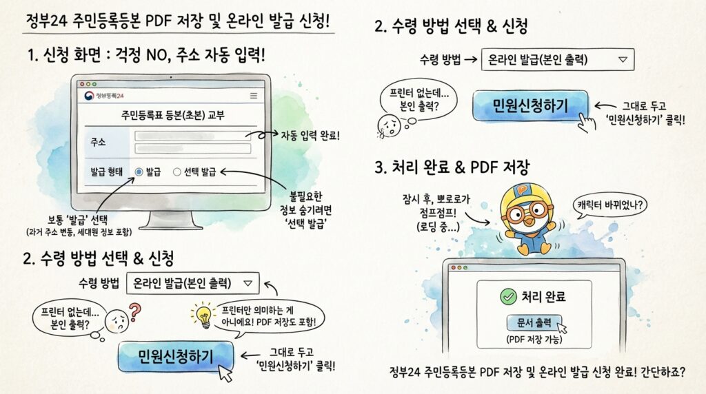 정부24 주민등록등본 PDF 저장 및 인터넷 발급 신청 화면