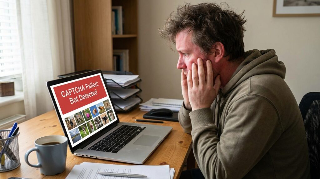 봇 탐지에 걸려 당황하는 모습